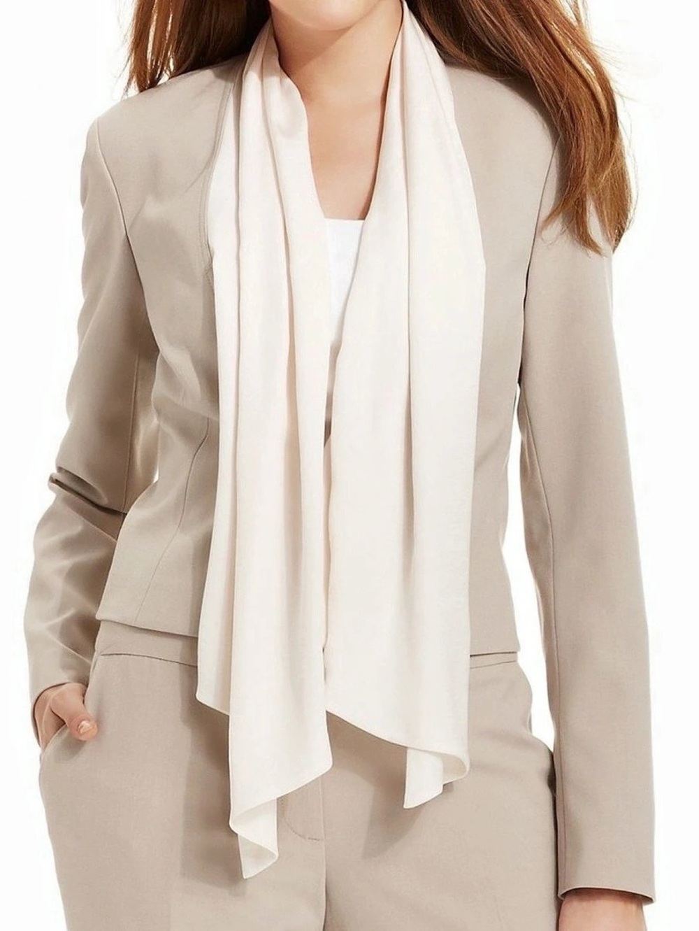 Calvin Klein Draped Scarf Neckline Crop Blazer Jacket Beige & White 2P